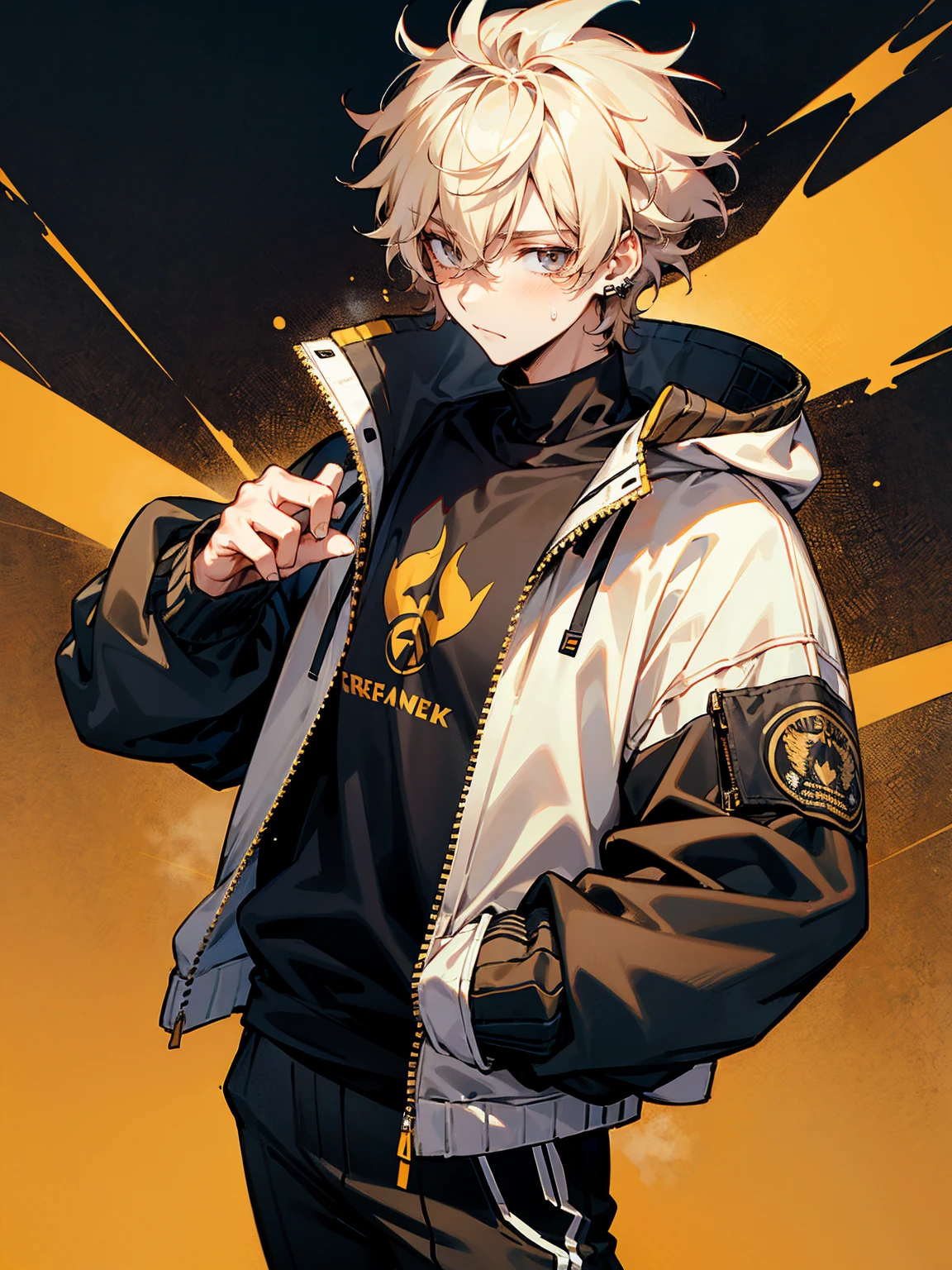 1male, cream hair, messy hair, earrings, varsity jacket, black sweat shirt, techwear pants, confident