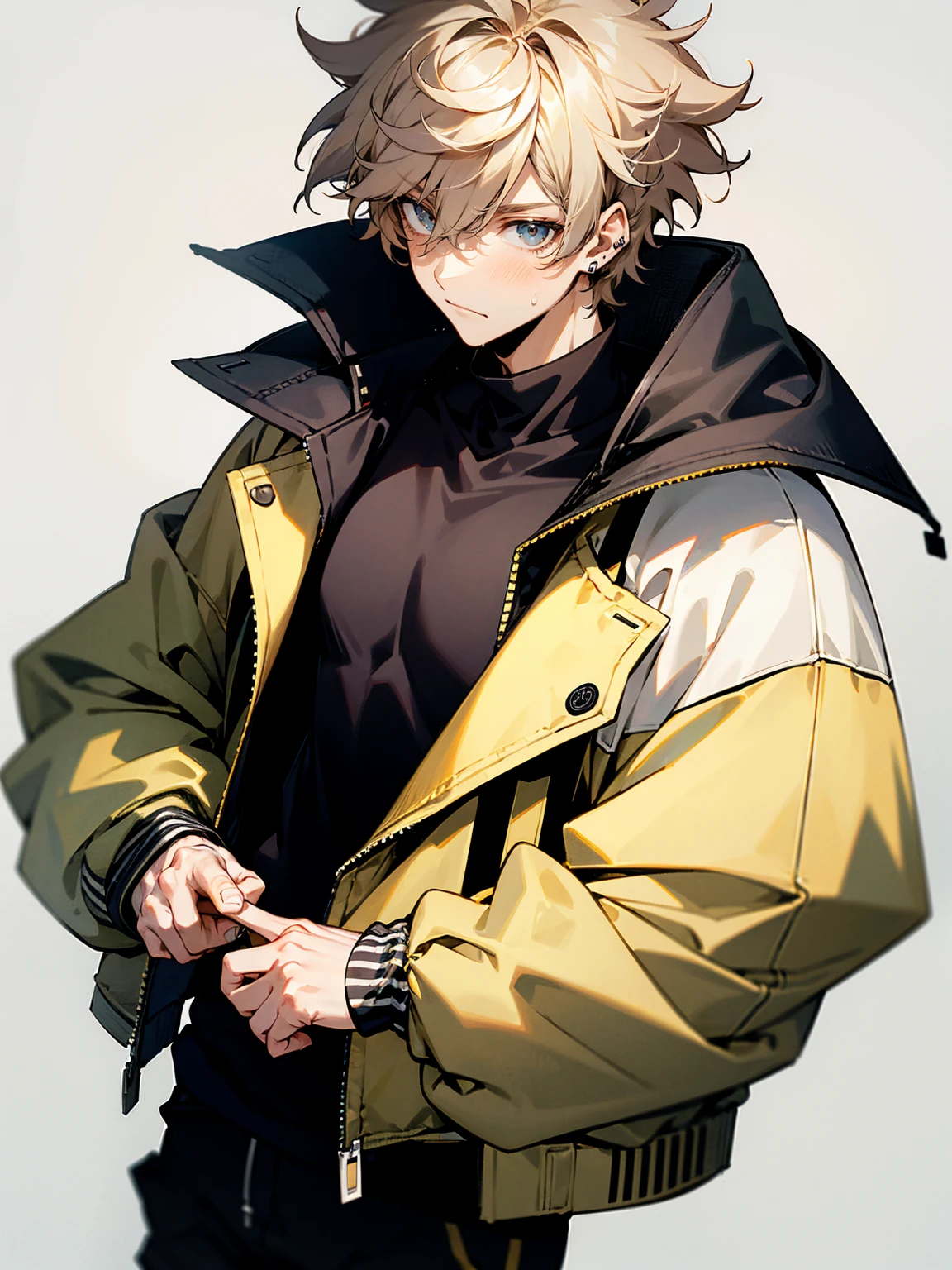 1male, cream hair, messy hair, earrings, varsity jacket, black sweat shirt, techwear pants, confident