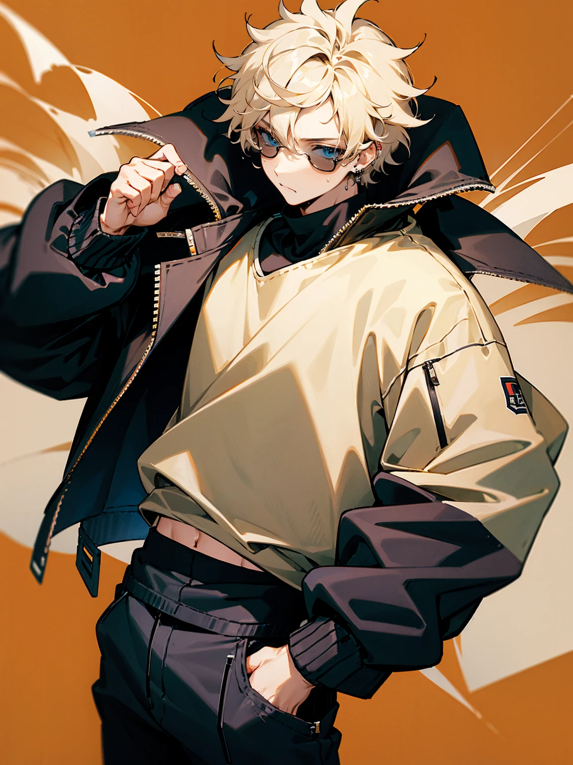1male, cream hair, messy hair, earrings, varsity jacket, black sweat shirt, techwear pants, confident