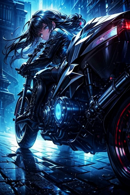 beautiful cute girl riding on motorcycle, a highly detailed, futuristic and dark custom motorcycle, sleek black bodywork, intricate mechanical details, glowing blue accents, dramatic lighting, cinematic atmosphere, photorealistic, 8k, best quality, gothic style