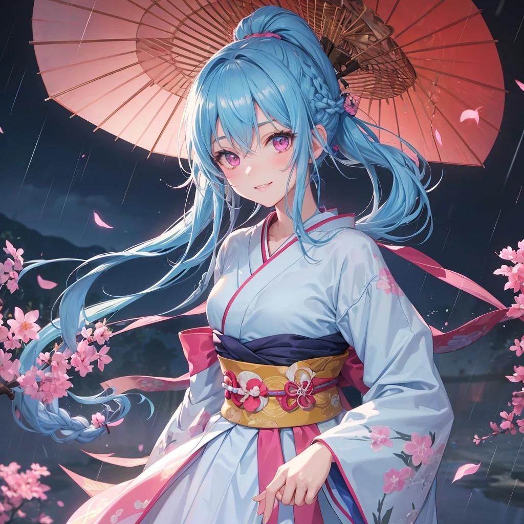 Sky blue hair, (Braided Ponytail),(Pink Eyes),Fair skin ,(whole body),(1 Girl),smile,Straight bangs,(masterpiece, Highest quality, Very detailed, Best Shadow), (Detailed Background), (Beautifully detailed face), High Contrast, (Best lighting, Very delicate and beautiful), ((Cinematic Light)), colorful, Hyper Detail, Dramatic Light, Intricate details,Rain showers,Kyoto,Japanese Umbrella,kimono,