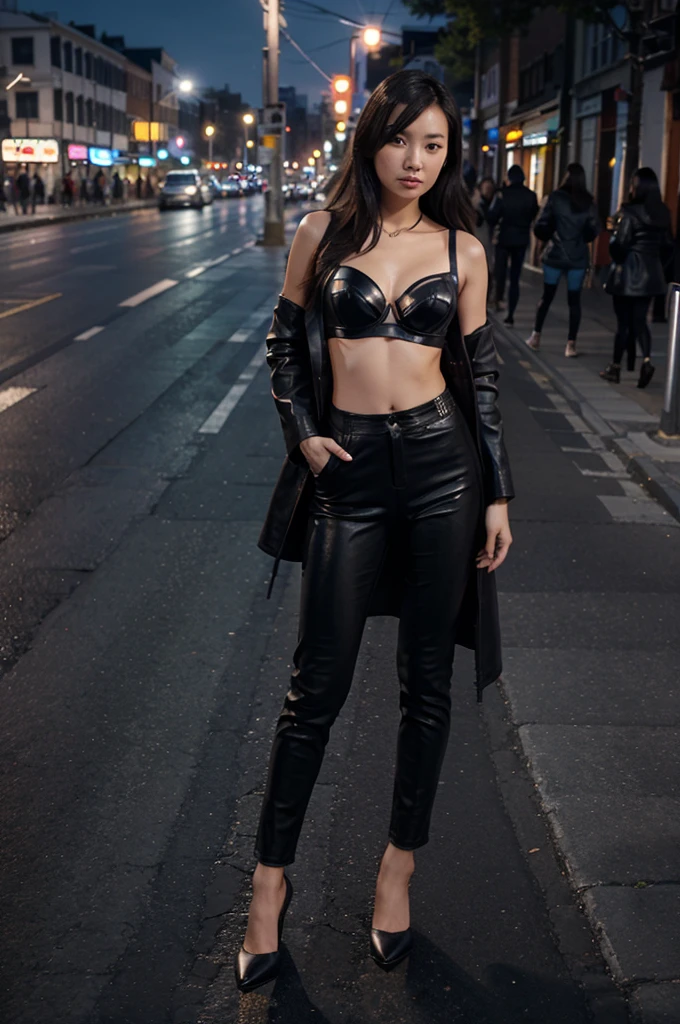 Slim Asian girl, bra with open shoulders Five-pointed star shape, black, cropped waist, leather coat, tight pants. In the middle of the road at night