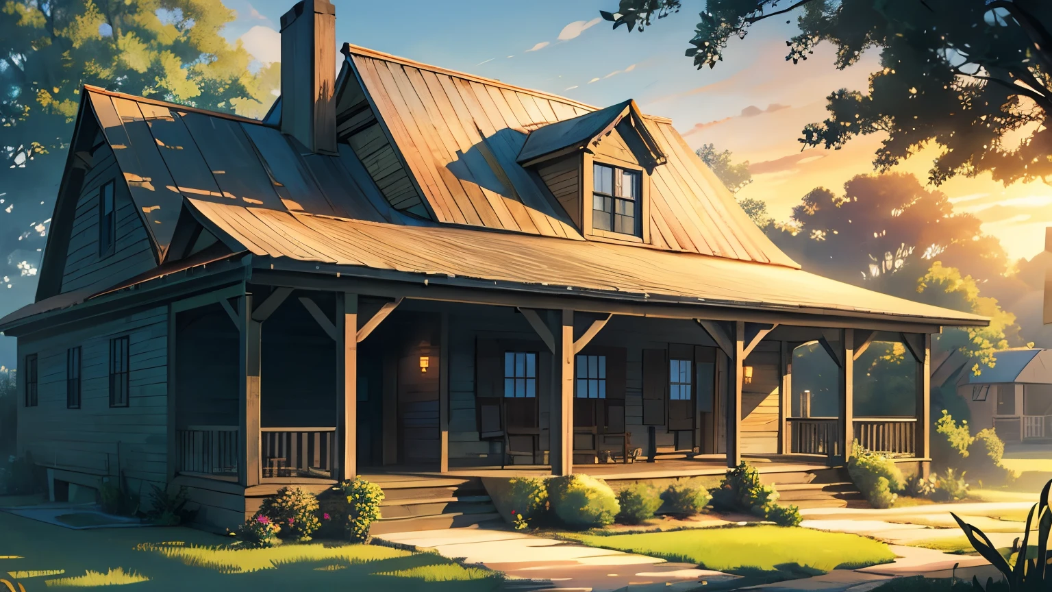 Tranquil Southern Setting: Create an image of a gleaming banjo resting on a weathered wooden porch behind a typical Southern farmhouse. The setting sun casts a soft golden light on the instrument, highlighting the details of its artisanal construction.