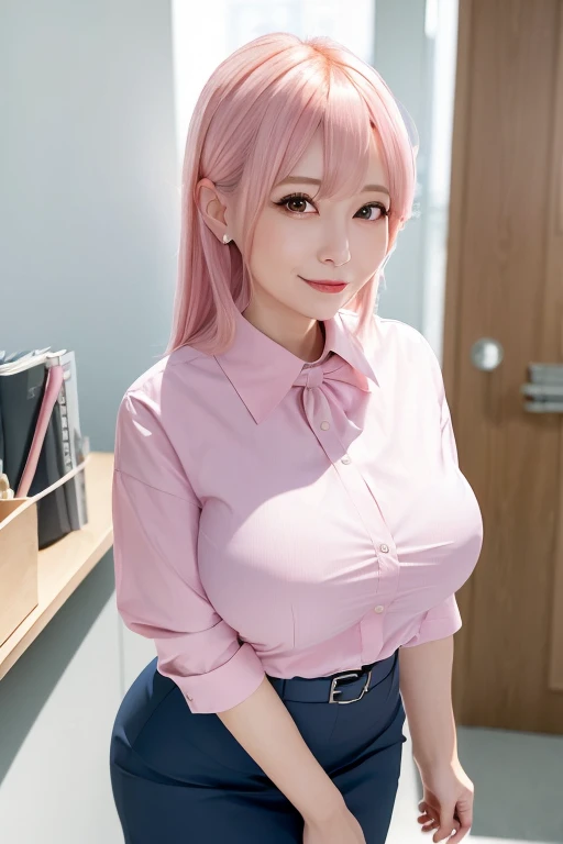 ((masterpiece, best quality)), (1girl),((mature female)), lightpink hair, halo, horn, ((office lady )),bangs,middle breast,(busty),slim,smile, [wide hips],office,standing, aru \(blue archive\),
