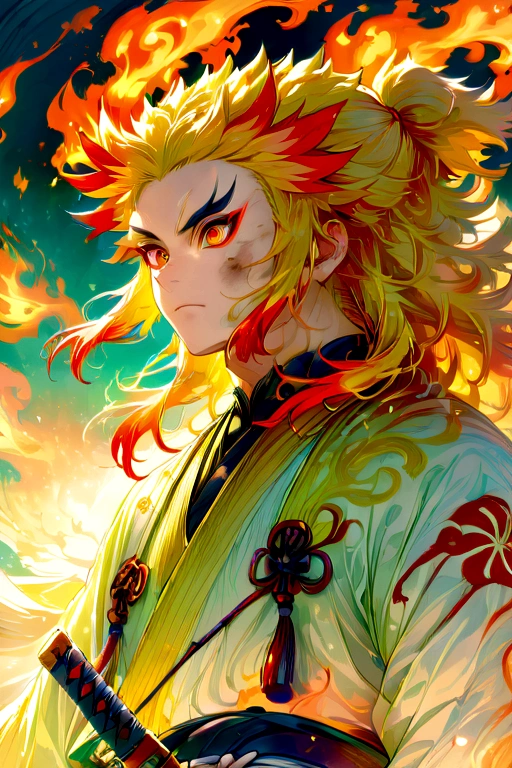 (1 male,Rengoku Kyojuro,yellow and orange hair),alone,comics『Demon slayer』Characters,,Fighting Style,Fire effect,Staring straight ahead,Coming forward,Moderately dirty,In Japan there are swords,Digital Art,An illustration,Intricate details,Intricate details,Wide range of colors,artwork,rendering,,(Highest quality:1.4),(Very detailed:1.5),High resolution,Very detailed,unity 8k wallpaper,Draw artistic background,Confused,Chinese dragon painted with fire,break,Japanese swords are straight and have a metallic luster..,Please hold the handle of the Japanese sword