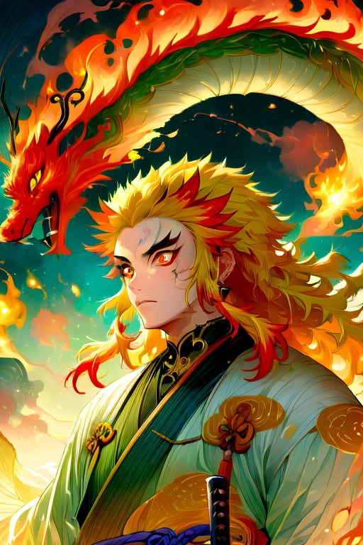 (1 male,Rengoku Kyojuro,yellow and orange hair),alone,comics『Demon slayer』Characters,,Fighting Style,Fire effect,Staring straight ahead,Coming forward,Moderately dirty,In Japan there are swords,Digital Art,An illustration,Intricate details,Intricate details,Wide range of colors,artwork,rendering,,(Highest quality:1.4),(Very detailed:1.5),High resolution,Very detailed,unity 8k wallpaper,Draw artistic background,Confused,Chinese dragon painted with fire,break,Japanese swords are straight and have a metallic luster..,Please hold the handle of the Japanese sword