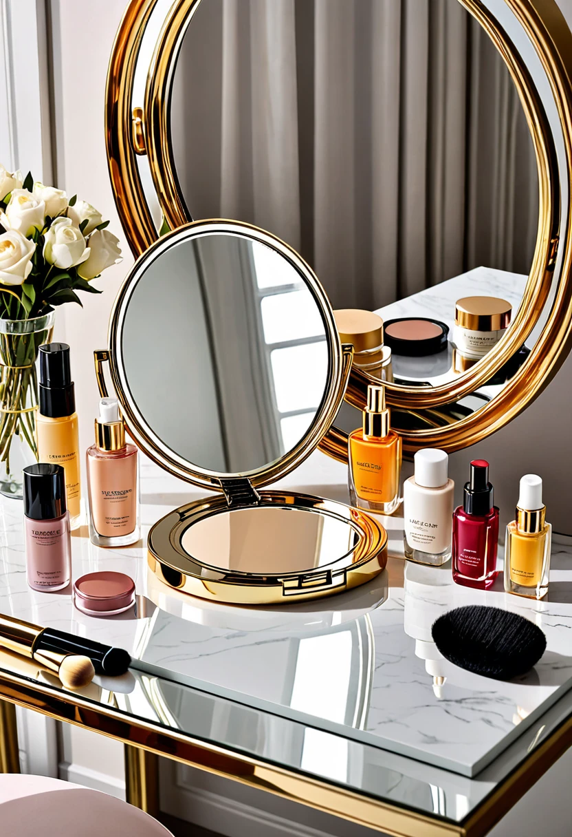 Create an image of beauty products on a table with a mirror, make the image very luxurious