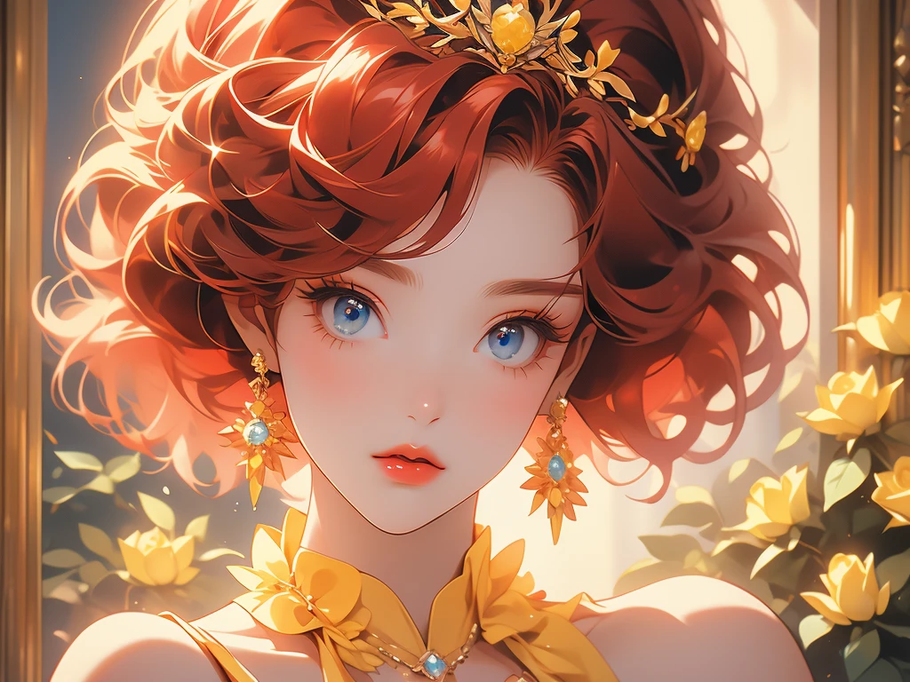 a woman with red hair and a tiara on her head in anime style, 1girl, jewelry, solo, yellow flower, earrings, red lips, blue eyes, red hair, makeup, looking at viewer, crown, short hair, eyelashes, yellow rose, bangs, necklace, lipstick, portrait, gem, bare shoulders, flower