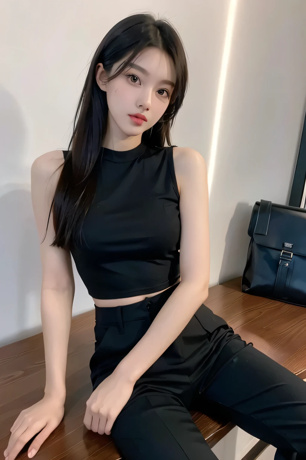 highly detailed face and body, ray tracing, 8k, 21 years old, model, tall, perfect body, passionate and cute look, long black hair, black eyes, office lady outfit, spaghetti top with long pants, small firm breasts, light skin, sitting on table, legs spread wide open