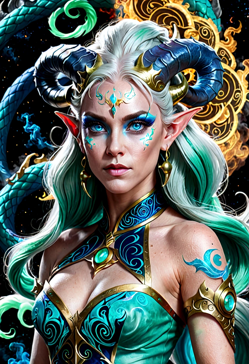 a photograph Galaxies, spirals, outer space, nebulas, stele, smoke billowing,spectacular image, intricate-detail,Hand-drawn sketch illustration of a beautiful tiefling with green and white hair, tatoo,(((blue colored eyes))), symmetrical dragon horns,gold details on clothes, illustration, watercolor sketch,, octane rendering, 8k hyper realistic, realistic texture, Unreal Natural Lighting Engine, cinestill 800, (lente de 35mm | | | | |)