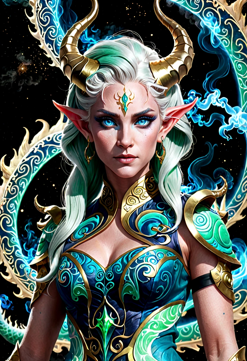 a photograph Galaxies, spirals, outer space, nebulas, stele, smoke billowing,spectacular image, intricate-detail,Hand-drawn sketch illustration of a beautiful tiefling with green and white hair, tatoo,(((blue colored eyes))), symmetrical dragon horns,gold details on clothes, illustration, watercolor sketch,, octane rendering, 8k hyper realistic, realistic texture, Unreal Natural Lighting Engine, cinestill 800, (lente de 35mm | | | | |)