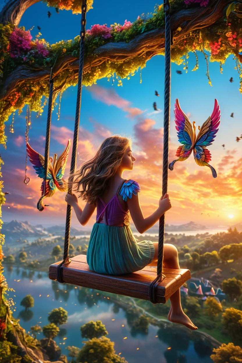 beautiful detailed wings on swing, girl on swing, aerial fantasy landscape, glowing sunset sky, vibrant colors, magical, cinematic lighting, intricate details, dreamlike, highly detailed, photorealistic, masterpiece, 8k, (best quality: 1.2), (extremely detailed: 1.4), (ultra detailed: 1.4), (photorealistic: 1.37), (masterpiece: 1.2)