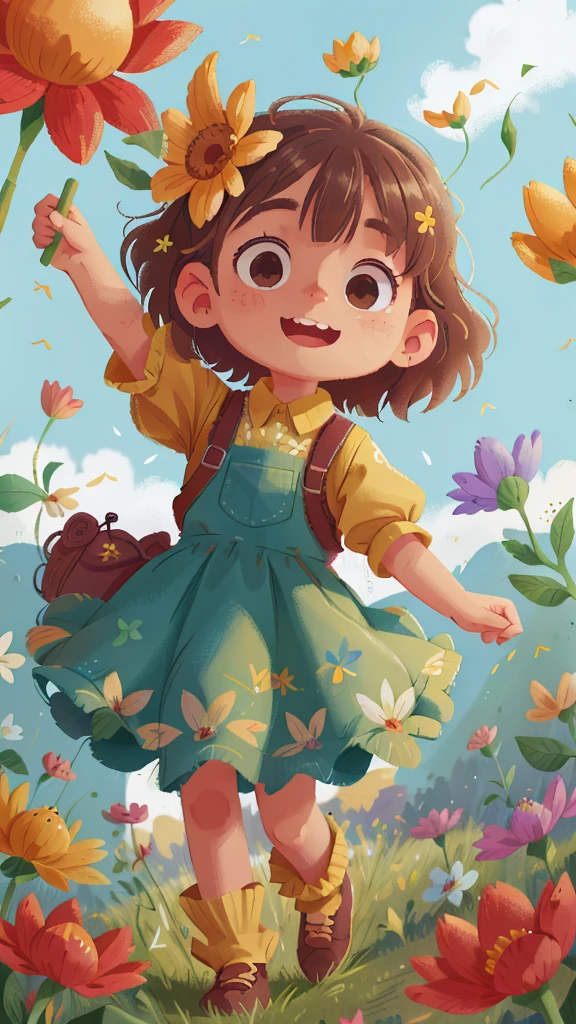 A girl holding flowers, colorful balloons floating in the sky, meadow, dancing, holding flowers, happy, happy, perfect quality, clear focus (clutter-home: 0.8), (masterpiece: 1.2) (Realistic: 1.2) (Bokeh) (Best quality) (Detailed skin: 1.3) (Intricate details) (8K) (Detail Eyes) (Sharp Focus), (Happy)