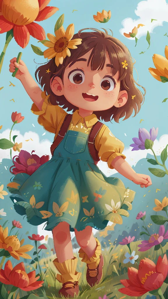 A girl holding flowers, colorful balloons floating in the sky, meadow, dancing, holding flowers, happy, happy, perfect quality, clear focus (clutter-home: 0.8), (masterpiece: 1.2) (Realistic: 1.2) (Bokeh) (Best quality) (Detailed skin: 1.3) (Intricate details) (8K) (Detail Eyes) (Sharp Focus), (Happy)