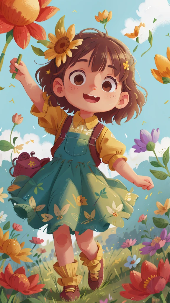 A girl holding flowers, colorful balloons floating in the sky, meadow, dancing, holding flowers, happy, happy, perfect quality, clear focus (clutter-home: 0.8), (masterpiece: 1.2) (Realistic: 1.2) (Bokeh) (Best quality) (Detailed skin: 1.3) (Intricate details) (8K) (Detail Eyes) (Sharp Focus), (Happy)