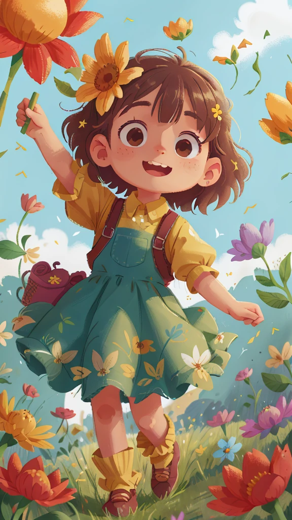 A girl holding flowers, colorful balloons floating in the sky, meadow, dancing, holding flowers, happy, happy, perfect quality, clear focus (clutter-home: 0.8), (masterpiece: 1.2) (Realistic: 1.2) (Bokeh) (Best quality) (Detailed skin: 1.3) (Intricate details) (8K) (Detail Eyes) (Sharp Focus), (Happy)