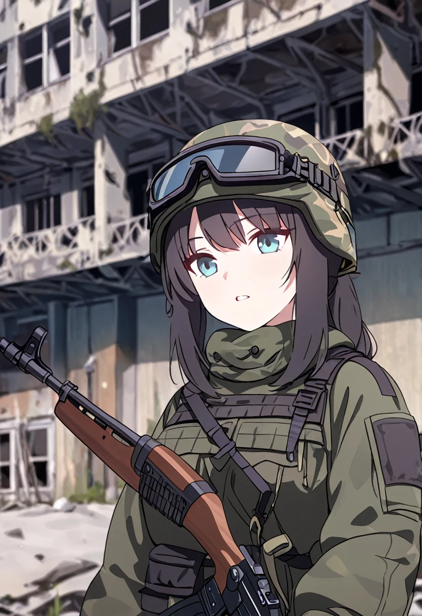 young woman, Russian special forces, equipment, Kalashnikov assault rifle, Abandoned building