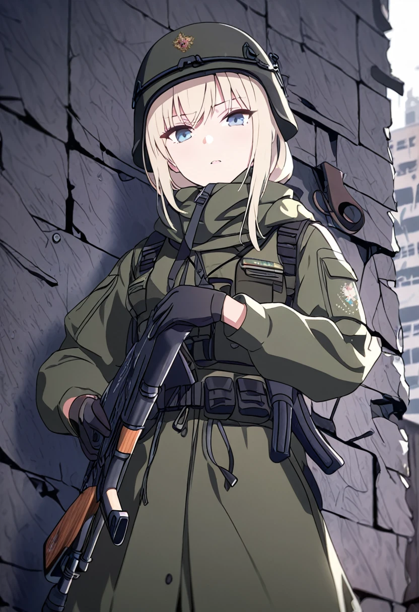 young woman, Russian special forces, equipment, Kalashnikov assault rifle, Abandoned building