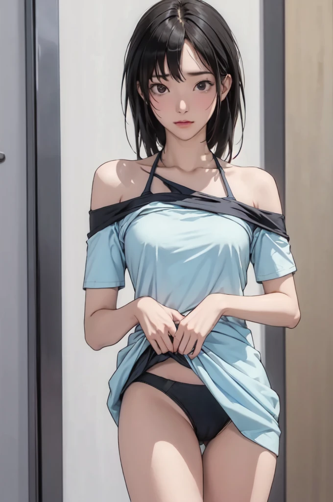 ((masterpiece, best quality)),((highres:1.2)), 1 Girl, solo, Cowboy Shot, Blurred Background, (((Small breasts))), Thighs, (Stripe underwear), ((lift the Shirts:1.3)), Off the shoulder, sexy One Shoulder T-Shirts