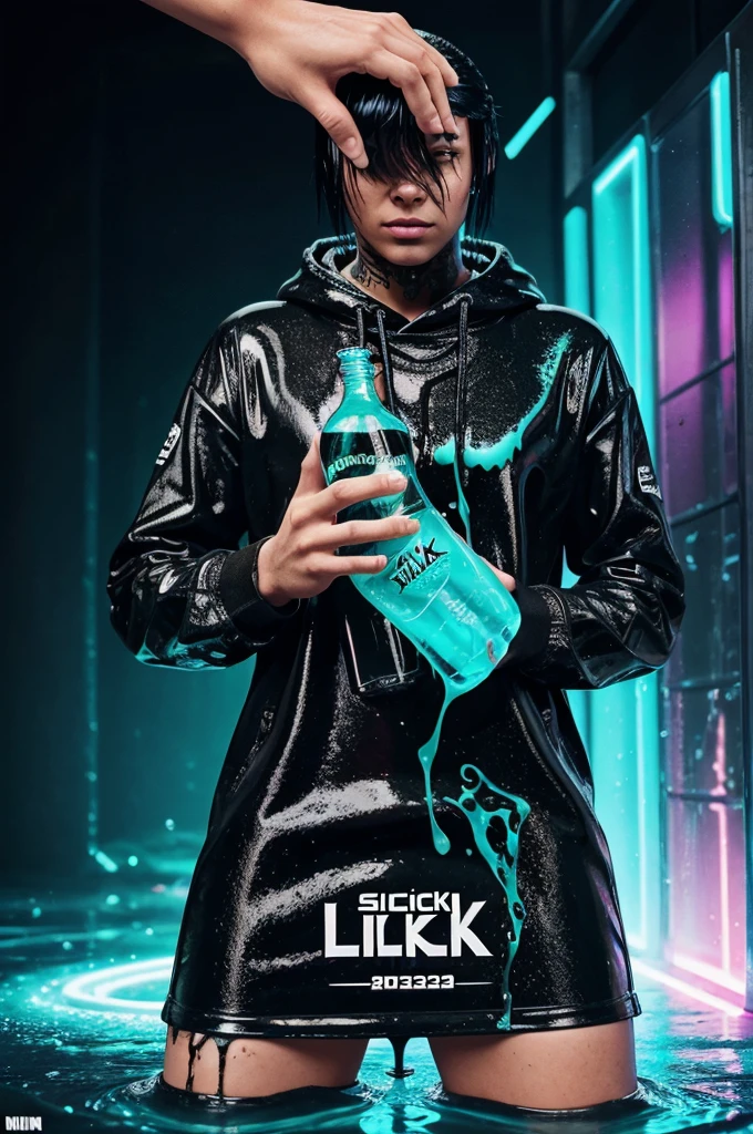 a poster of a hand holding a liquid bottle with the word slickk on it, slick!!, sick, sicko, sticky, stick, shit, slick clammy skin, nick silva, slimey, slime, slick, sickening, slick hair, 2 0 2 3, 2023, slick leds, fvckrender, glitch effects