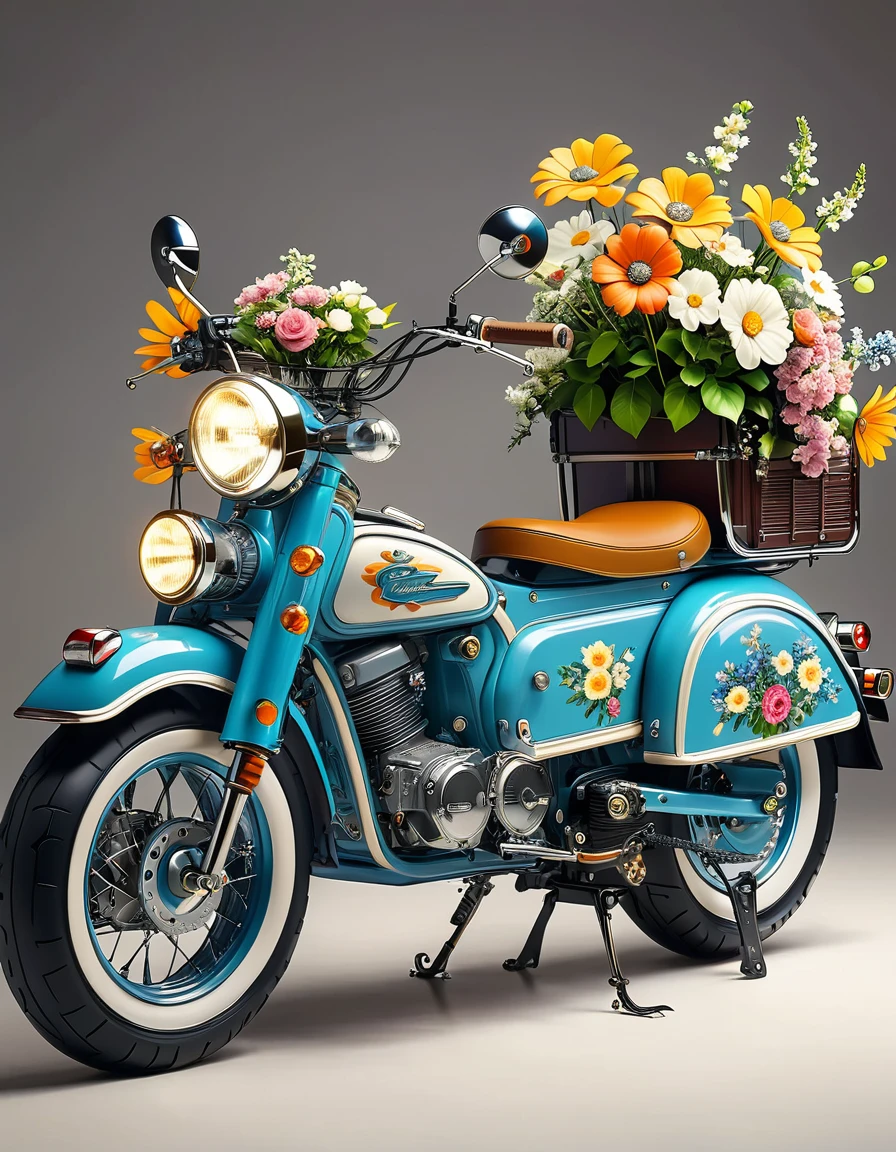 A retro electric motorcycle loaded with flowers, High-quality artworks created by master artists, best quality, Detailed Details