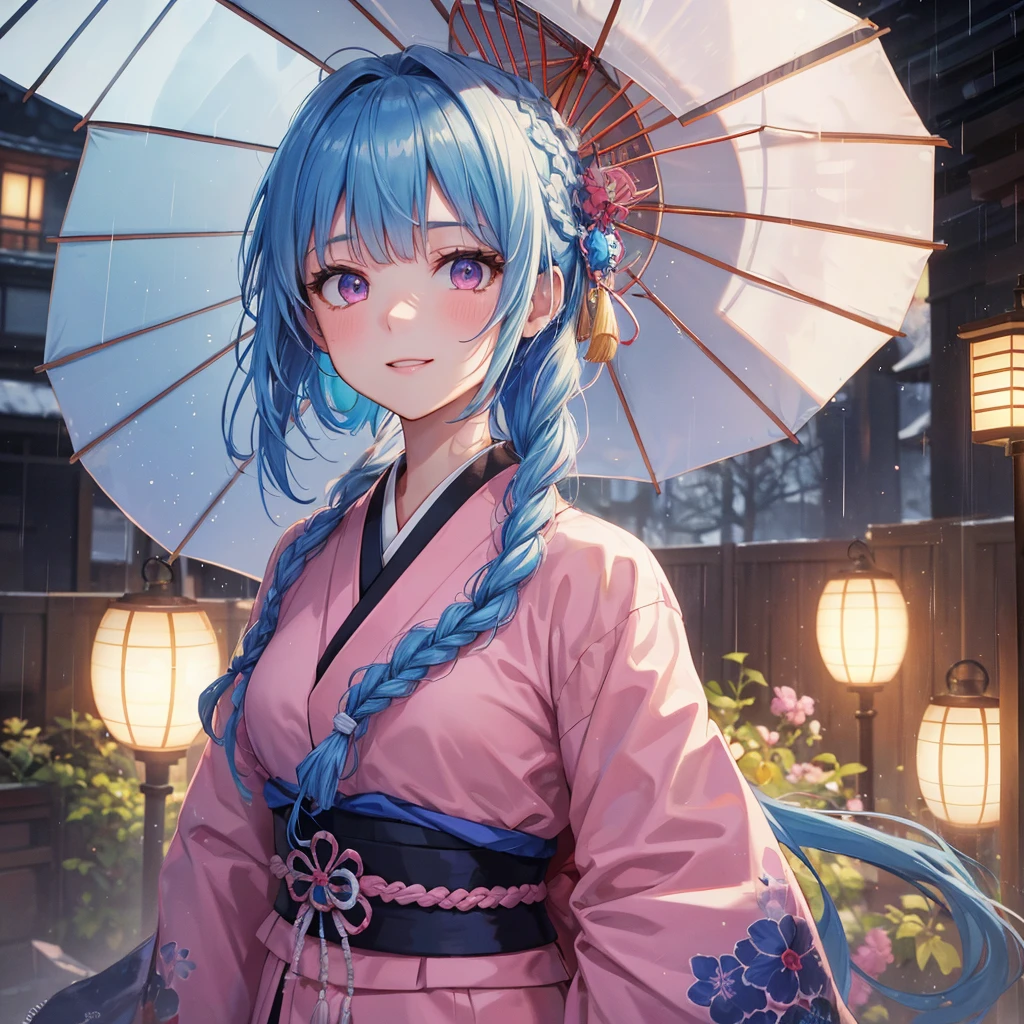 Sky blue hair, (Braided Ponytail),(Pink Eyes),Fair skin ,(whole body),(1 Girl),smile,Straight bangs,(masterpiece, Highest quality, Very detailed, Best Shadow), (Detailed Background), (Beautifully detailed face), High Contrast, (Best lighting, Very delicate and beautiful), ((Cinematic Light)), colorful, Hyper Detail, Dramatic Light, Intricate details,Rain showers,Kyoto,Japanese Umbrella,kimono,