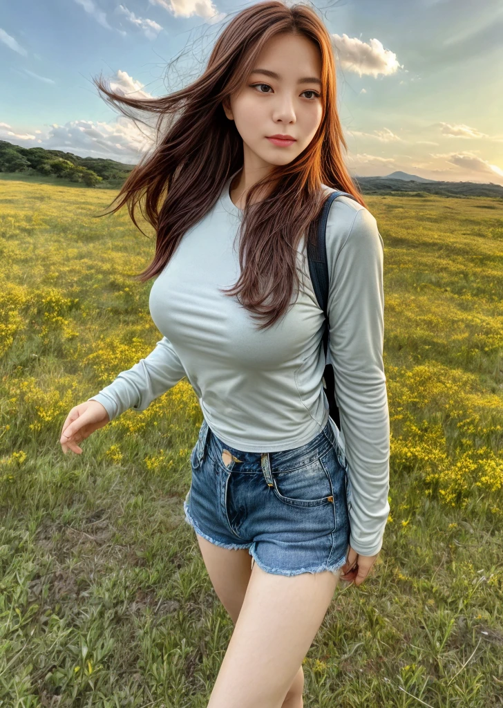 The vast sky, beautiful skyline, large grasslands, extremely tense and dramatic pictures, moving visual effects, high hanging Polaris, colorful natural glare. A girl in a long-sleeved top and denim shorts with a side backpack