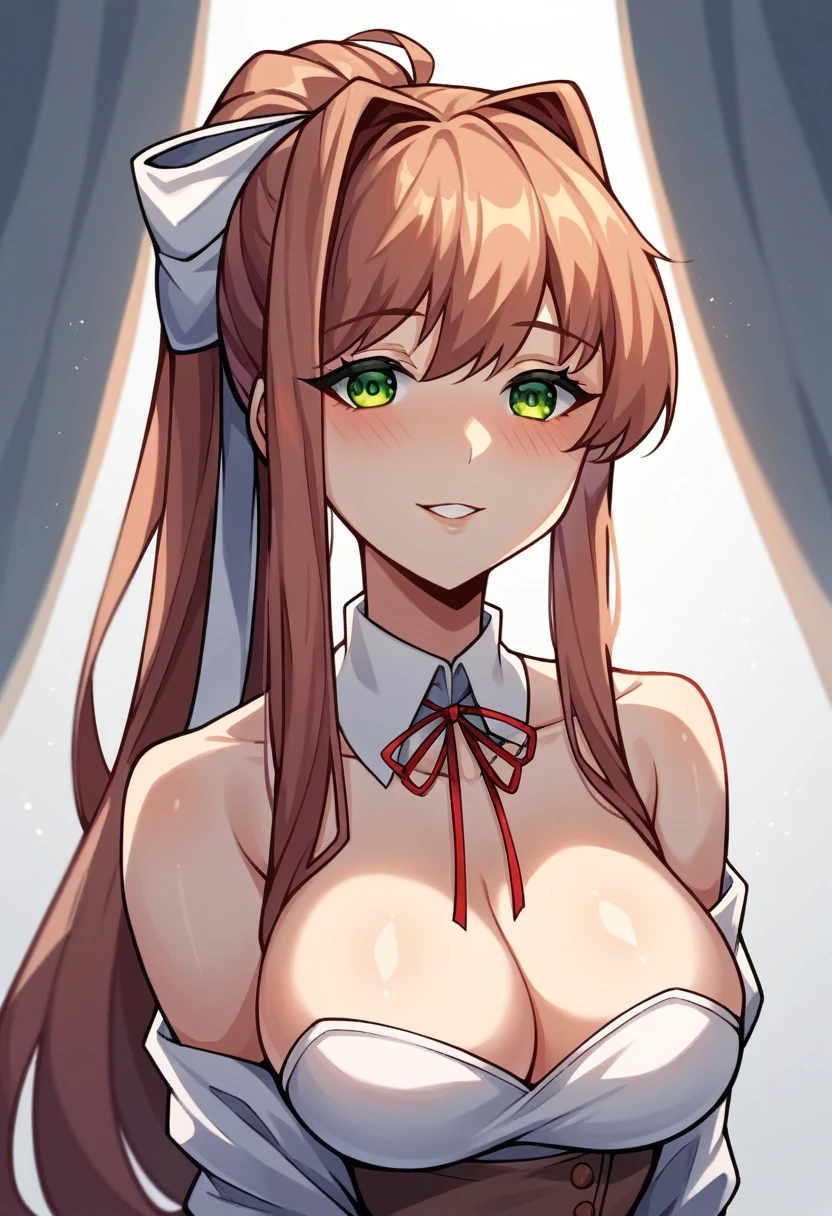 Cromwellb_ style, 1girl, monika_(doki_doki_literature_club), breasts, green_eyes, dress, solo, long_hair, ponytail, black_dress, brown_hair, cleavage, smile, large_breasts, looking_at_viewer, blush, ribbon, grey_background, simple_background, hair_ribbon, white_ribbon, bare_shoulders, half-closed_eyes, alternate_costume, parted_lips