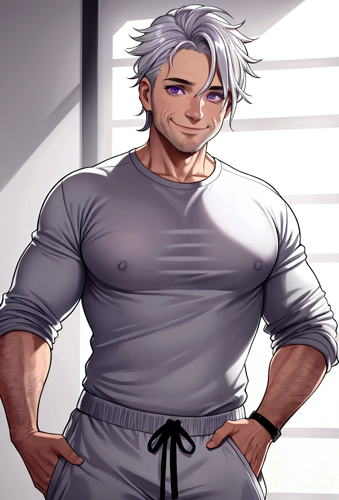 Create a 40 year old white adult male, silver-haired, slightly purple eyes, slickedback hair, Grinning, wearing white shirt, sweatpants, fine-detailed, stance, chic