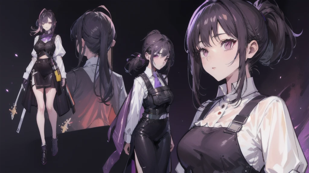 One woman,human, Dark hair with purple strands, Ponytail, purple eyes, black outfit,wearing bulletproof vest, beautiful, masterpiece, best quality, perfect lighting, extremely detailed CG unity 8k wallpaper, reference sheet, model sheet, simple white background, (multiple views, [from behind|from side|from front|close-up|portrait]:1),