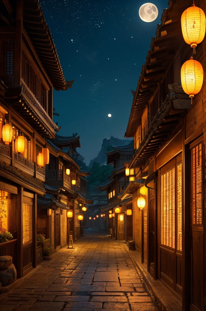 Official Art, ancient China, Ancient Street, (Lots of fireflies), (night), (moon), Light, Beautiful views, Spectacular landscapes, Realistic lighting, masterpiece, high quality, Beautiful graphics, High detail, Global Illumination, Unreal Engine Rendering, Octane Rendering, (High resolution:1.3)