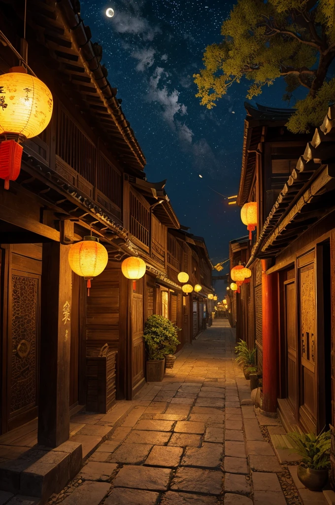 Official Art, ancient China, Ancient Street, (Lots of fireflies), (night), (moon), Light, Beautiful views, Spectacular landscapes, Realistic lighting, masterpiece, high quality, Beautiful graphics, High detail, Global Illumination, Unreal Engine Rendering, Octane Rendering, (High resolution:1.3)