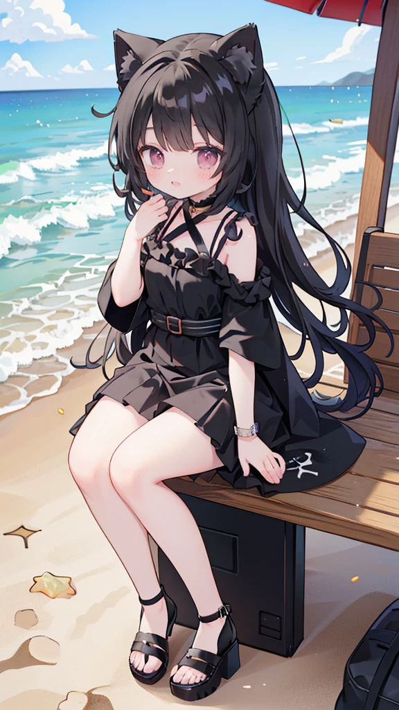 Wearing a black dress on the beach、long hair、Anime girl in black shoes, very beautiful anime cat girl, , beautiful anime cat girl, at the beach, cute anime cat girl, Beautiful anime girl squatting, At the beach，Dressed in black，Dressed in black mini skirt, Wearing strappy high heels，High heels with straps，seductive anime girl, on the beach, anime cat girl, Anime cute art style, Anime girl squatting