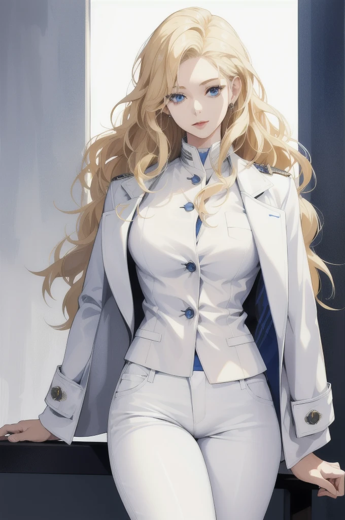 (absurdres, highres, ultra detailed), 1girl, mature female, wavy blonde hair, long hair, blue eyes, mature woman, white white jacket, white pants 