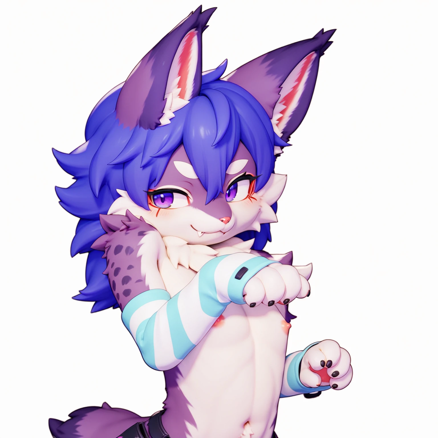 score_9,score_8_up,score_7_up, Lynx, (purple fur), purple eyes, anthro, ((medium hair)), wavy hair, purple hair, eyeliner, eyelashes, black eyeshadow, furry art, cheeks tuft, shoulder tuft, male focus, femboy, one fang, kemono, shota, fluffy neck, icon portrait, claws, black nails, :p, frown, evil smile, neon, cyberpunk earphones, navel, crotch tuft, belt, (holster), leg warmers, pink clothes, 3d, blender software, nipples, solo focus, pecs, soft body, penis, hand on butt, fuzzy, paw pose, by nextel