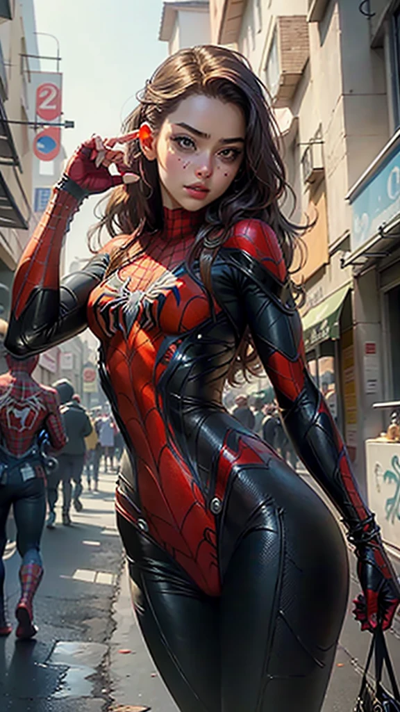 Beautiful woman detailed defined body with Spider-Man cosplay, small breasts