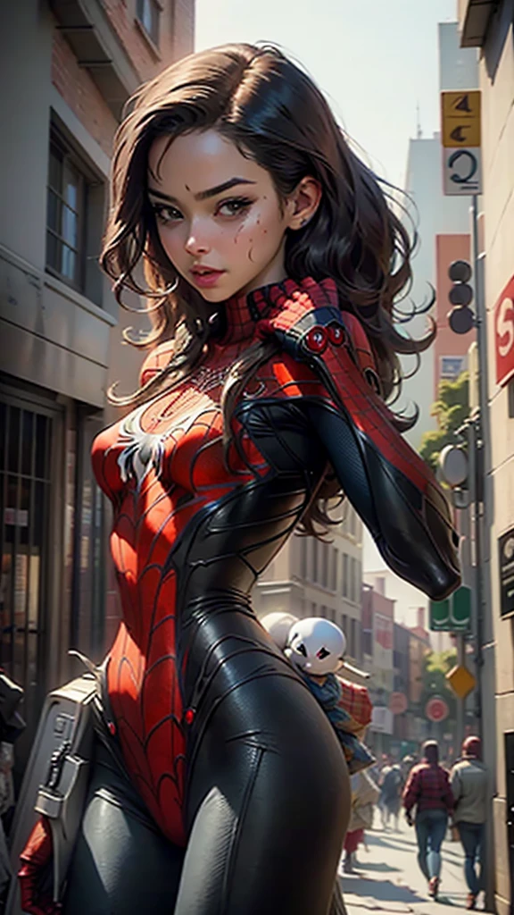 Beautiful woman detailed defined body with Spider-Man cosplay, small breasts