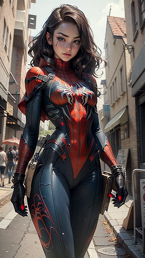 Beautiful woman detailed defined body with Spider-Man cosplay, small breasts