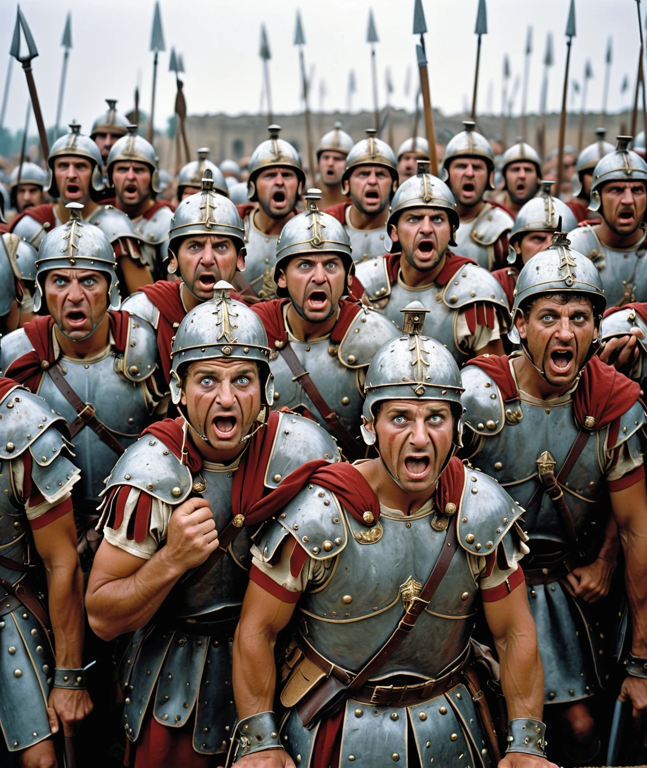 a group of roman soldiers in a row with scared faces