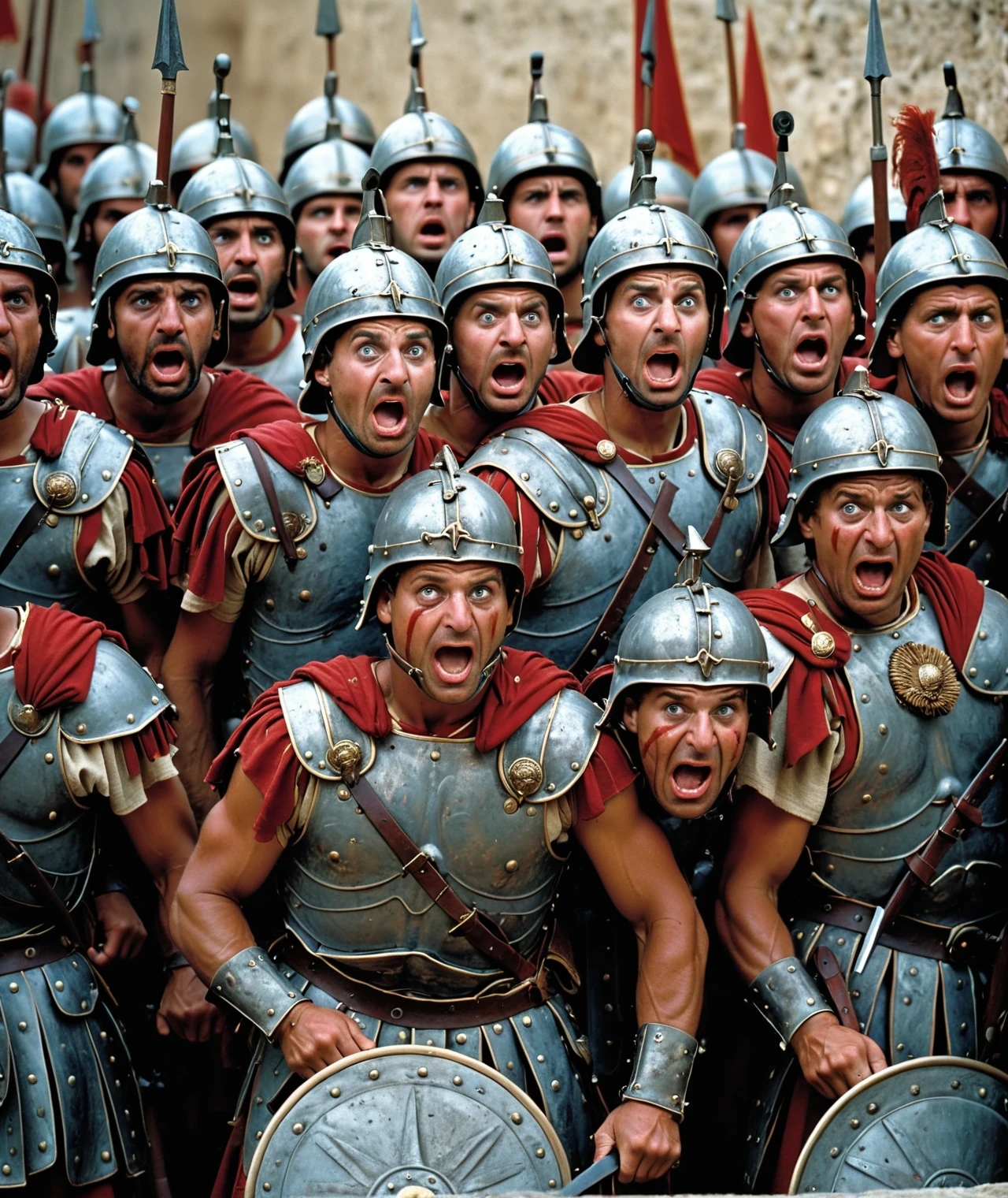 a group of roman soldiers in a row with scared faces