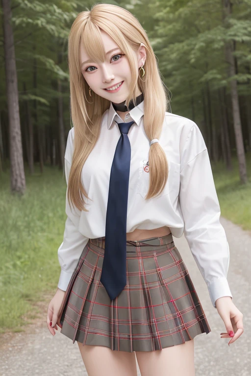 masterpiece, best quality, highres, kitagawa marin, 1girl, blonde hair, long hair, multicolored hair, red eyes, jewelry, earrings, piercing, , white shirt, tied shirt, black choker, blue necktie, plaid skirt, grin, smile, standing, cowboy shot, outdoors,