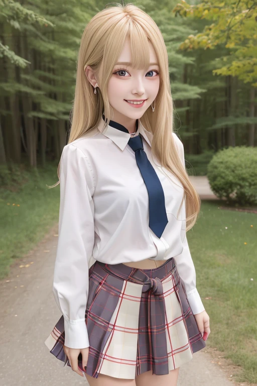 masterpiece, best quality, highres, kitagawa marin, 1girl, blonde hair, long hair, multicolored hair, red eyes, jewelry, earrings, piercing, , white shirt, tied shirt, black choker, blue necktie, plaid skirt, grin, smile, standing, cowboy shot, outdoors,