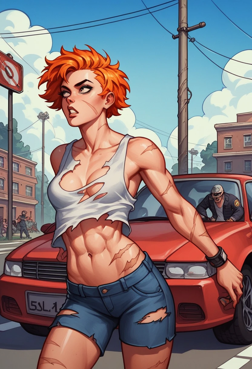 woman,spats,belly button,Tank top,slender,run away,Clothes are torn,Covered in scars,fear,Watery eye,Being chased by a horde of zombies,End of the World,Defects in the body,Expressway,traffic jam,Car accident,fire