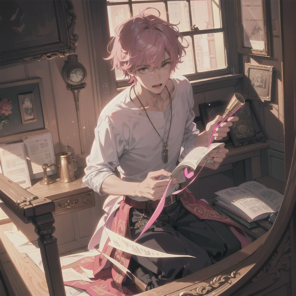 mascle，naughty man，young ，Young men, pink  hair，The background is in a messy room ，extremely details，realistic light and shadow，Sunlight comes in through the windows，a torch，soft lighting，softfocus，the best quality，face red，Look at the lens