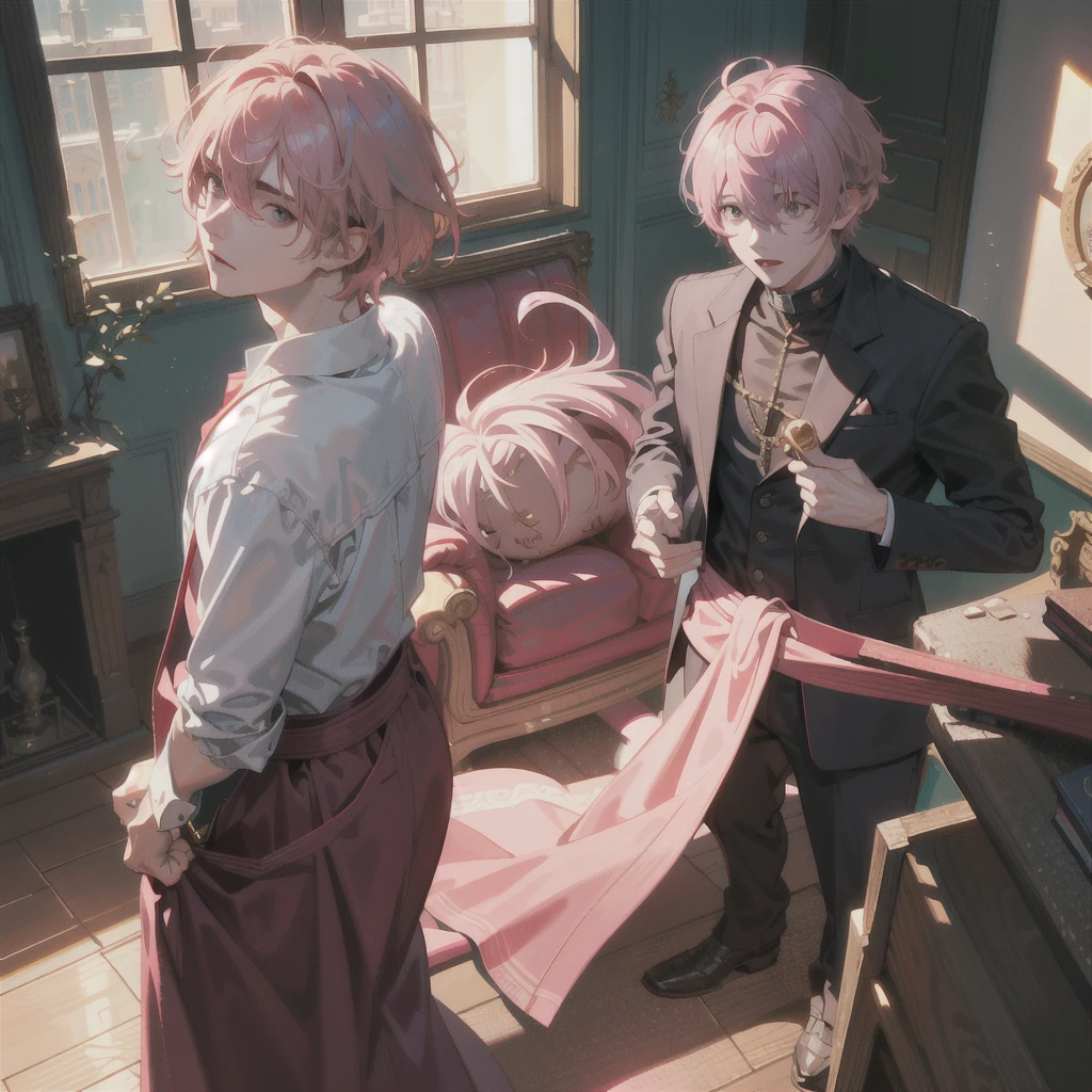 mascle，naughty man，young ，Young men, pink  hair，The background is in a messy room ，extremely details，realistic light and shadow，Sunlight comes in through the windows，a torch，soft lighting，softfocus，the best quality，face red，Look at the lens