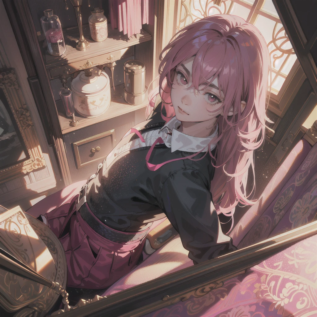mascle,naughty man,young ,Young men, pink hair,The background is in a messy room ,extremely details,realistic light and shadow,Sunlight comes in through the windows,a torch,soft lighting,softfocus,the best quality,face red,Look at the lens