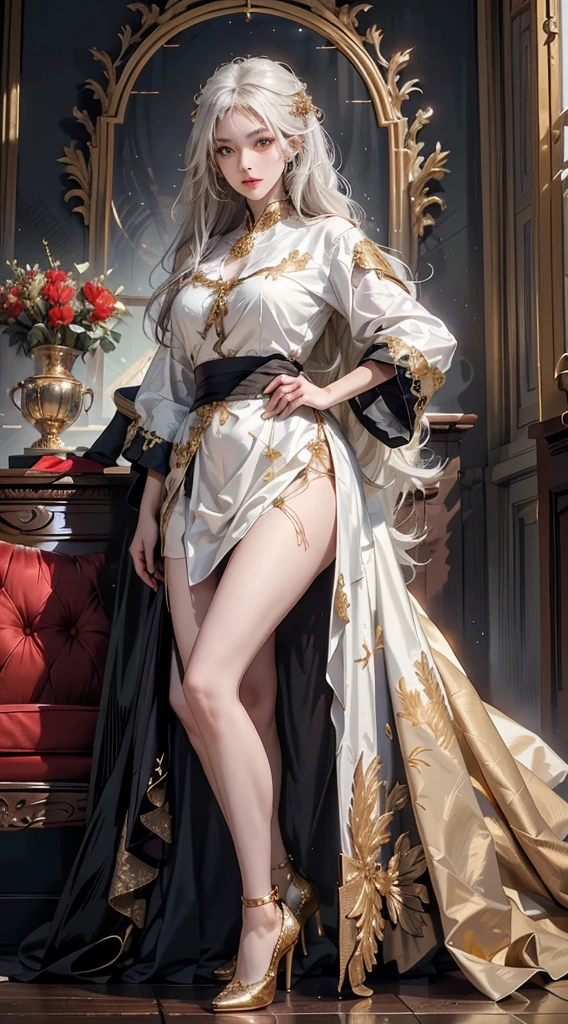 ((masterpiece, highest quality)), detailed face, CharacterDesignSheet,Full Body Esbian, full of detail, Multiple poses and expressions, muito detalhado, depth, many parts,beuaty girl,cinema lights,shine with light,Rot und Gold,Phoenix Decoration,light yarn,Lace,Lacenstrumpfhose,High Heels