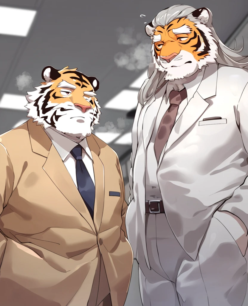 Tiger,personification,Mature male,grandfather,Gray hair,naked,Sleepy expression,Red pupil,White eyebrows,White beard,White suit suit,Hands in pockets,The Age of Steam,office。