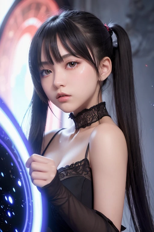 (masterpiece, best quality, ultra-detailed, best shadow), (detailed background,dark fantasy), (beautiful detailed face), high contrast, (best illumination, an extremely delicate and beautiful), ((cinematic light)), colorful, hyper detail, dramatic light, intricate details, (1 girl, solo,black hair, sharp face,low twintails,red eyes, hair between eyes,dynamic angle), blood splatter, swirling black light around the character, depth of field,black light particles,(broken glass),magic circle,