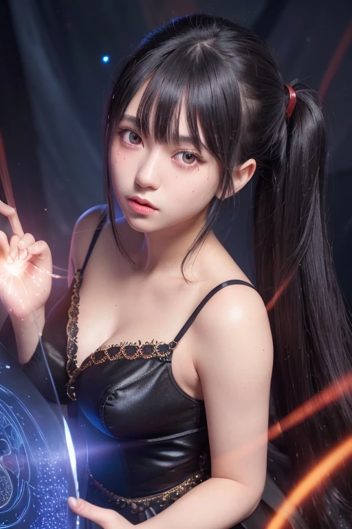 (masterpiece, best quality, ultra-detailed, best shadow), (detailed background,dark fantasy), (beautiful detailed face), high contrast, (best illumination, an extremely delicate and beautiful), ((cinematic light)), colorful, hyper detail, dramatic light, intricate details, (1 girl, solo,black hair, sharp face,low twintails,red eyes, hair between eyes,dynamic angle), blood splatter, swirling black light around the character, depth of field,black light particles,(broken glass),magic circle,